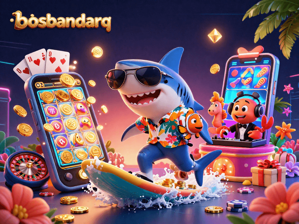 Engage with bosbandarq's thrilling casino experience featuring a shark, clownfish, and crab in an exciting ocean scene.
