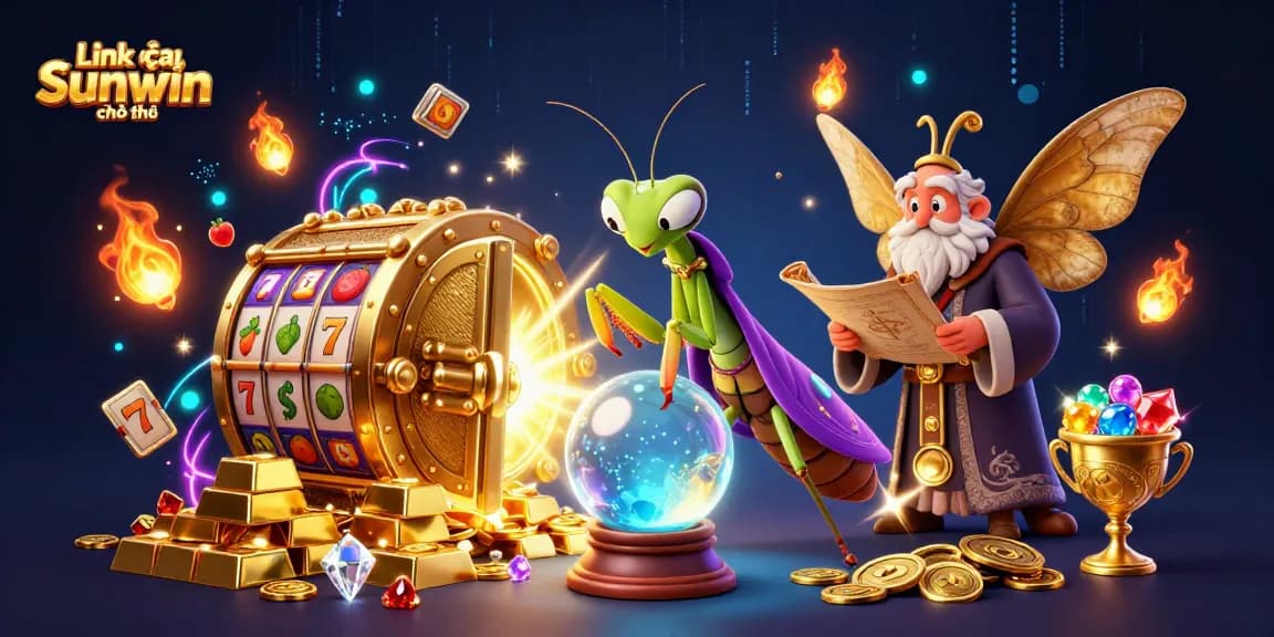 Experience the magic of "Link vào Sunwin chính thức" with a fortune teller and vibrant slot elements.
