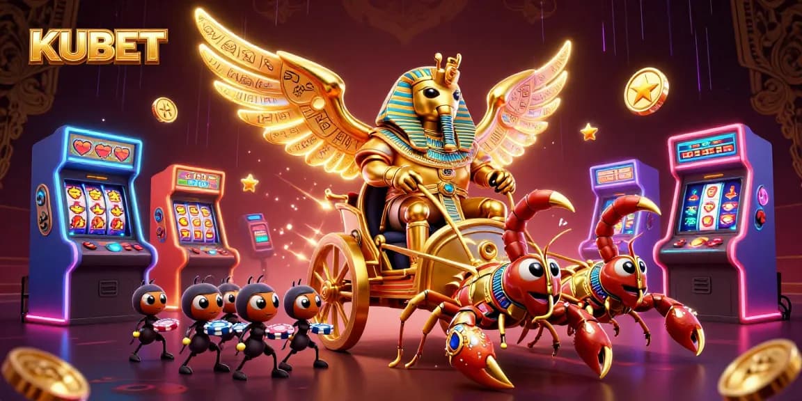 KUBET transforms gaming with a colossal golden scarab beetle scene filled with colorful arcade machines and vibrant casino elements.