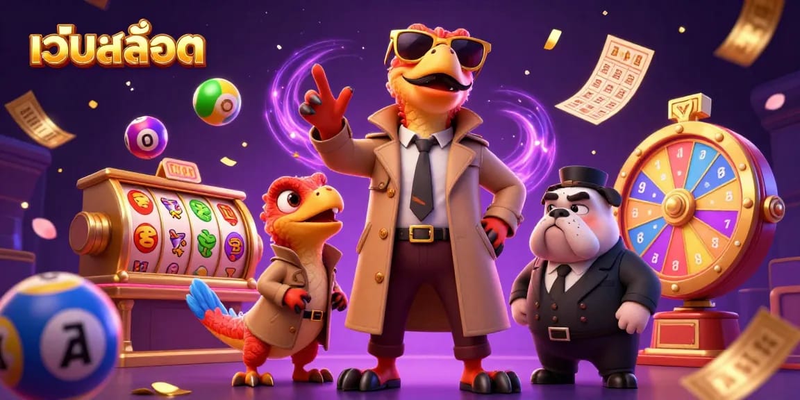 Experience เว็บสล็อต excitement with cartoon raptors in a trench coat at a VIP casino lounge.