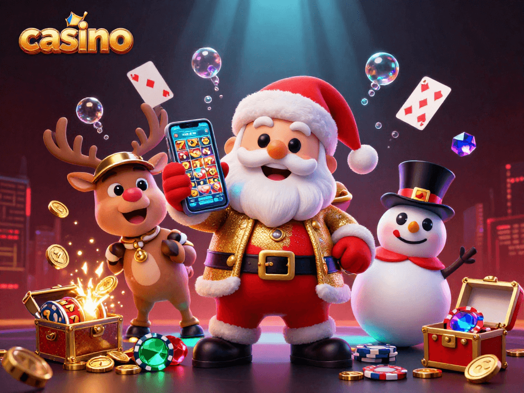 View the vibrant casino scene with Santa, a dealer reindeer, and a poker chip snowman celebrating winning slots.