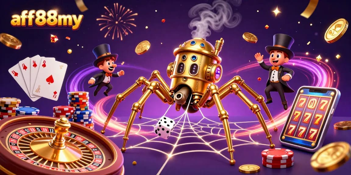 Experience afb88my's vibrant casino atmosphere with a steampunk spider amidst cascading coins and cards.