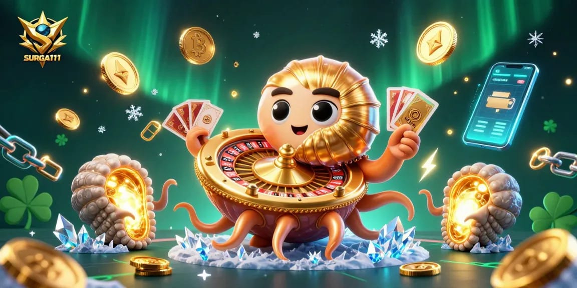 Experience the excitement of SURGA111 with a vibrant 3D digital illustration featuring a giant nautilus roulette.