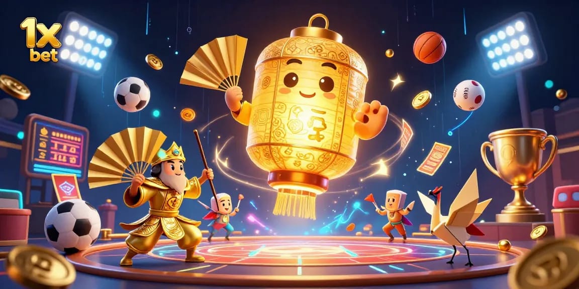 Engage with 1x bet's vibrant casino atmosphere featuring a golden lantern spirit amidst dynamic sports elements.