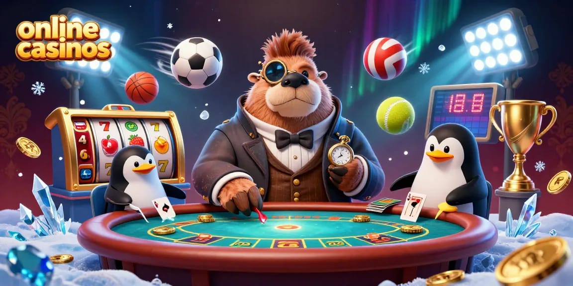 Dynamic scene with a walrus, penguin dealer, and pufferfish playing poker at online casinos, enriched with casino elements.