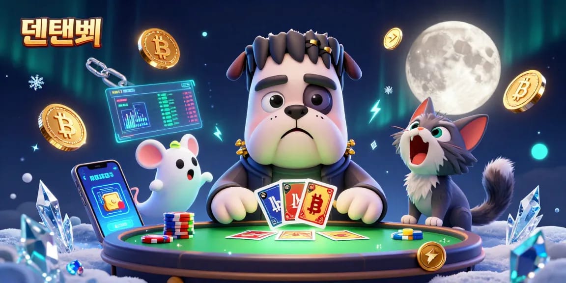 Experience thrilling gameplay with 텐텐벳 featuring a cartoon bulldog dealer and crypto elements.