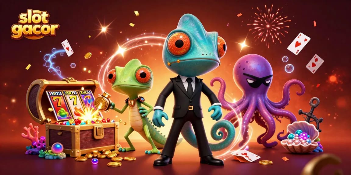 Experience the excitement of slot gacor with a vibrant scene featuring colorful characters and dynamic casino elements.