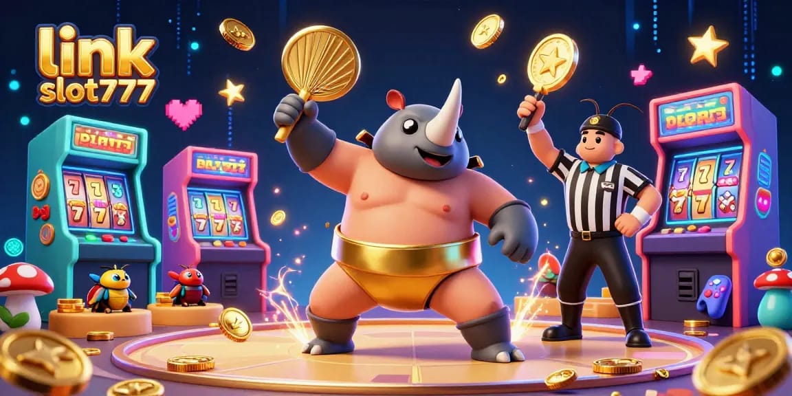 Spin to win with link slot777 in a vibrant 3D cartoon scene featuring a sumo champion beetle.