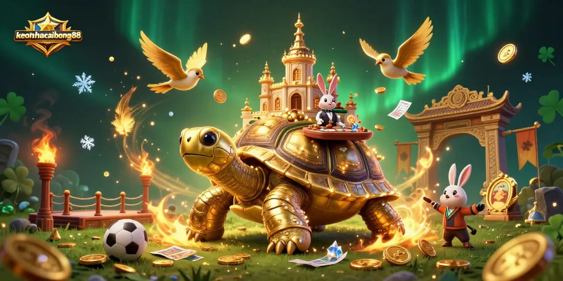 Win big with keonhacaibong88 at an enchanting 3D casino scene featuring a golden tortoise and dynamic betting elements.