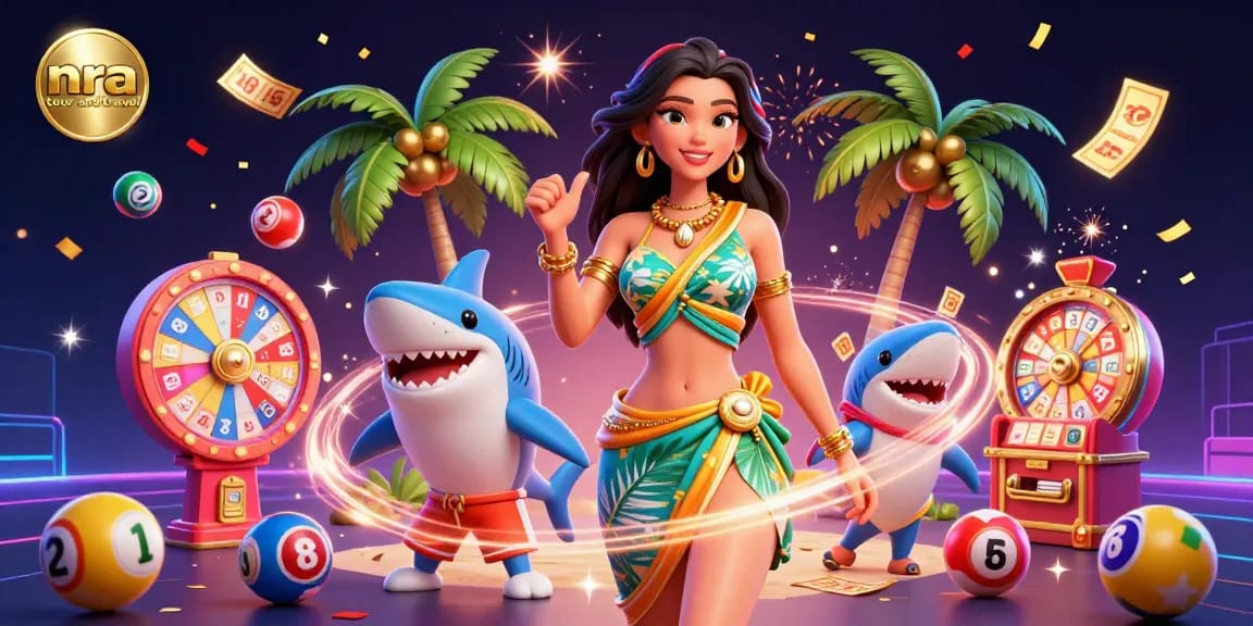 Engage with nra tour and travel's vibrant casino-themed scene, featuring dynamic lottery elements and festive characters.