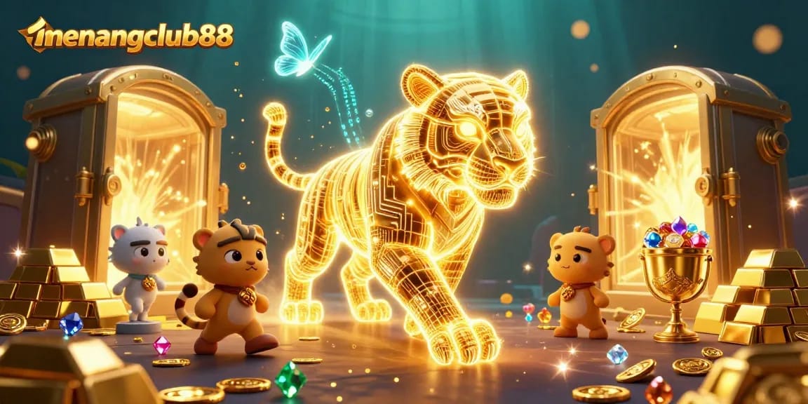 Experience the thrill of menangclub88 with a golden tiger in a dazzling digital casino landscape.