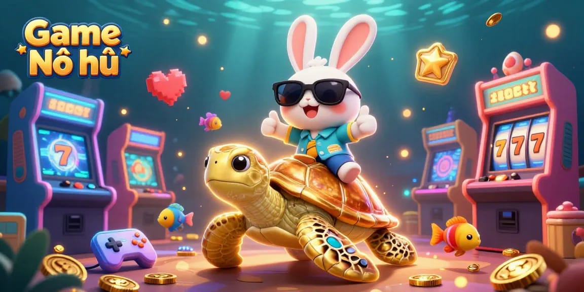 Experience the excitement of Game Nổ hũ with a colorful 3D cartoon scene featuring a lucky rabbit and treasures!