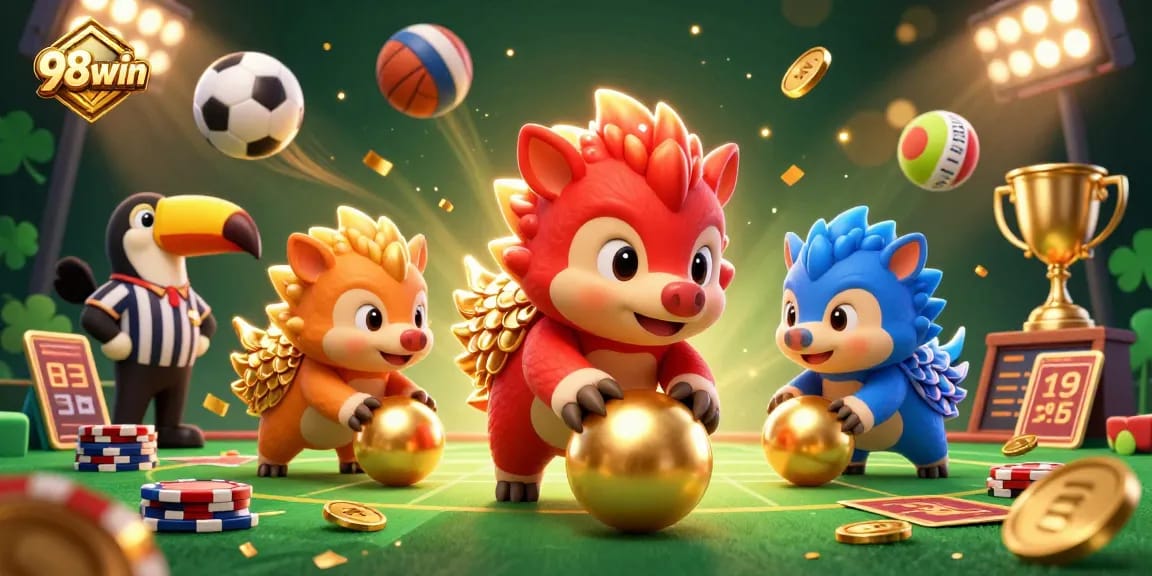 Engage in thrilling gaming with 98win featuring pangolins bowling through poker chips in an exciting scene.