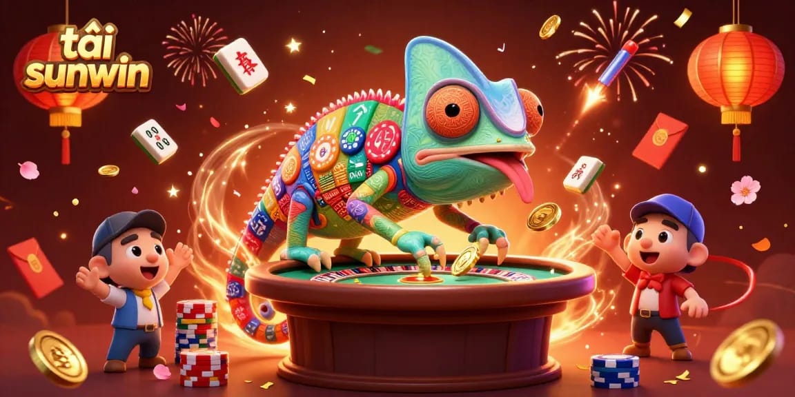 Join the fun and excitement as you tải sunwin, featuring vibrant casino elements and a cartoon chameleon owner.