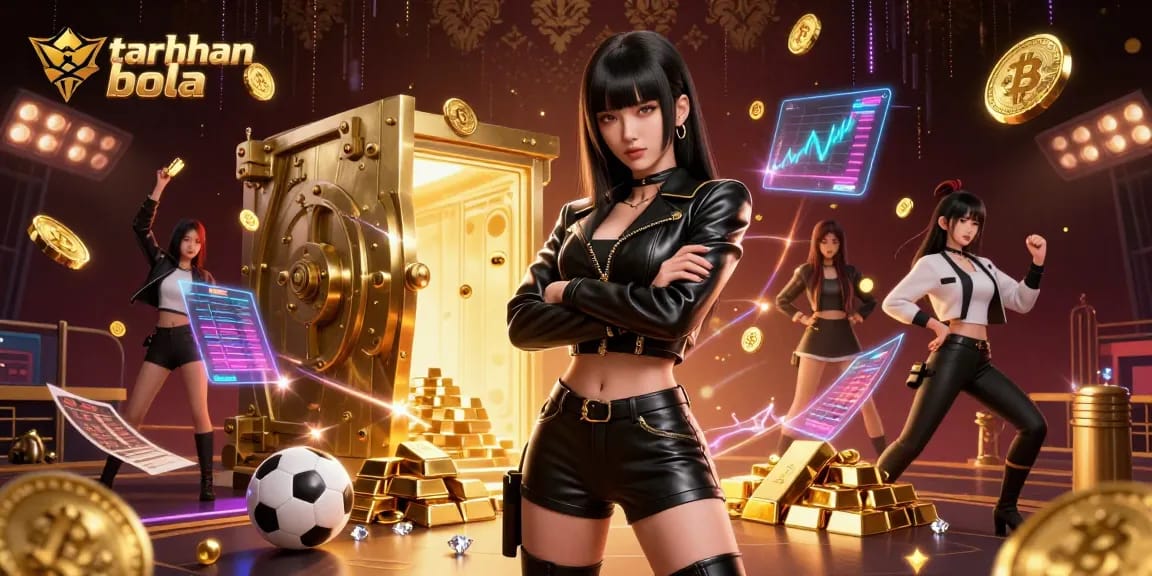 Engage in taruhan bola with a stunning Asian woman in a high-stakes sports betting scene filled with dynamic elements.