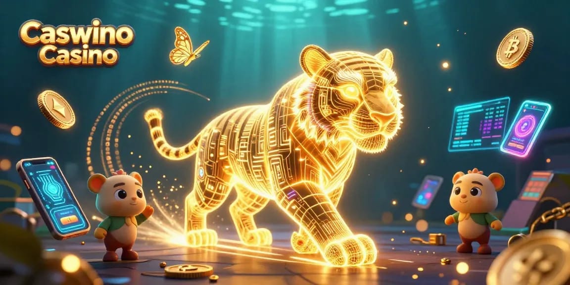 Experience the excitement of Caswino Casino with a glowing golden tiger in a vibrant digital landscape.