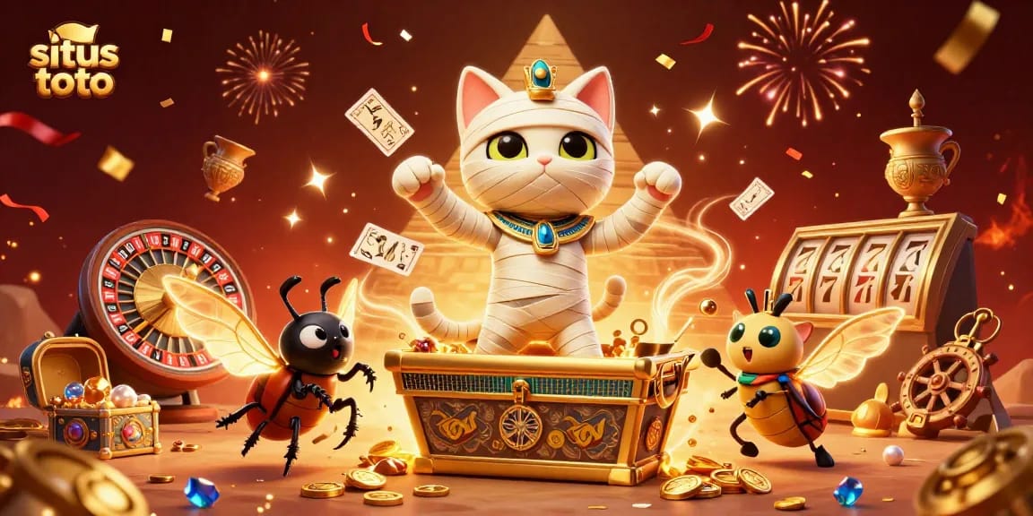 Situs toto showcases an animated Egyptian mummy cat and scarab beetle amidst casino elements, celebrating vibrant gaming.