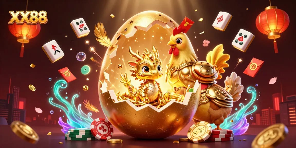 Engage in vibrant gaming with XX88 featuring a golden dragon, poker chips, and rich casino elements.