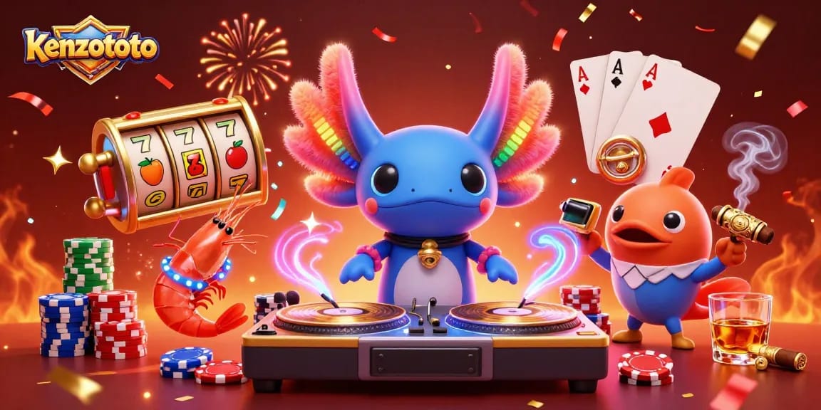 Spin and win with kenzototo's vibrant casino action featuring slot reels and lively underwater characters.