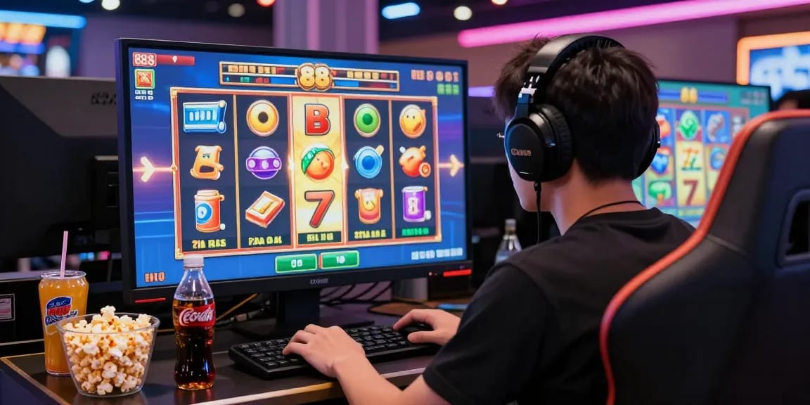 Penggemar slot88 sedang asyik bermain game slot online dengan suasana ceria dan warna-warni yang menarik.
