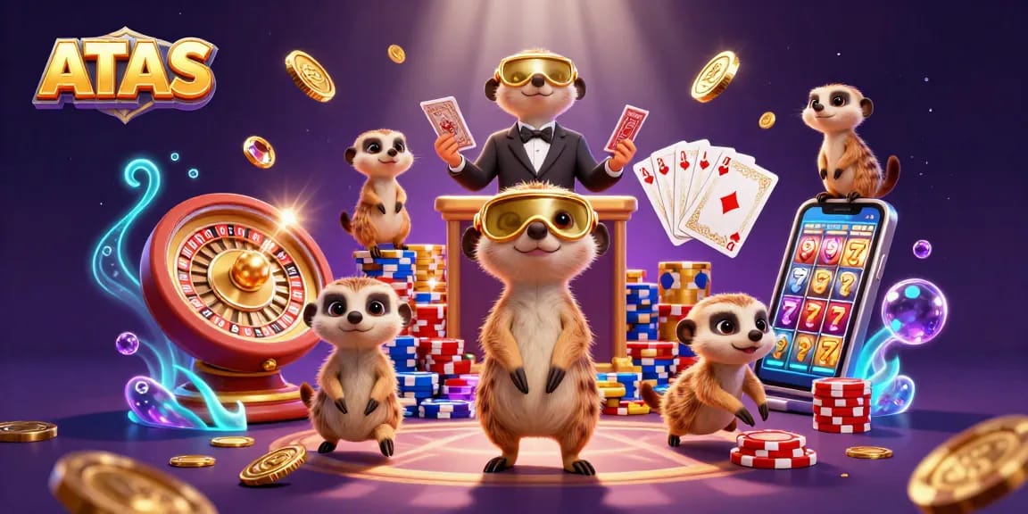 Engage with ATAS at a vibrant casino scene featuring lively meerkats managing games while dynamic elements enhance the action.