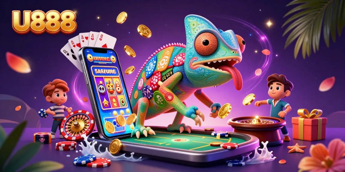 Experience thrilling gameplay with U888, featuring a colorful chameleon casino owner in a vibrant gaming environment.