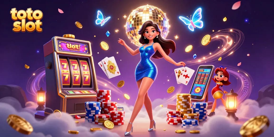 Experience exciting games at toto slot with dynamic scenes of vibrant slot reels, coins, and a glamorous dancer.