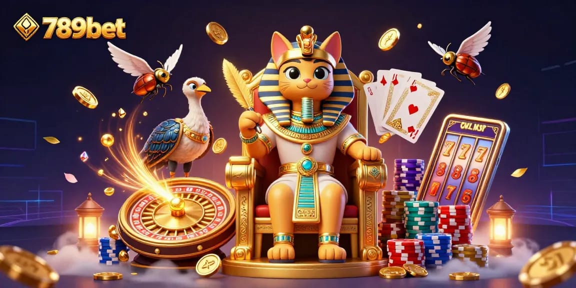 Experience the vibrant world of 789bet with a 3D illustration featuring a pharaoh cat and a dynamic casino atmosphere.