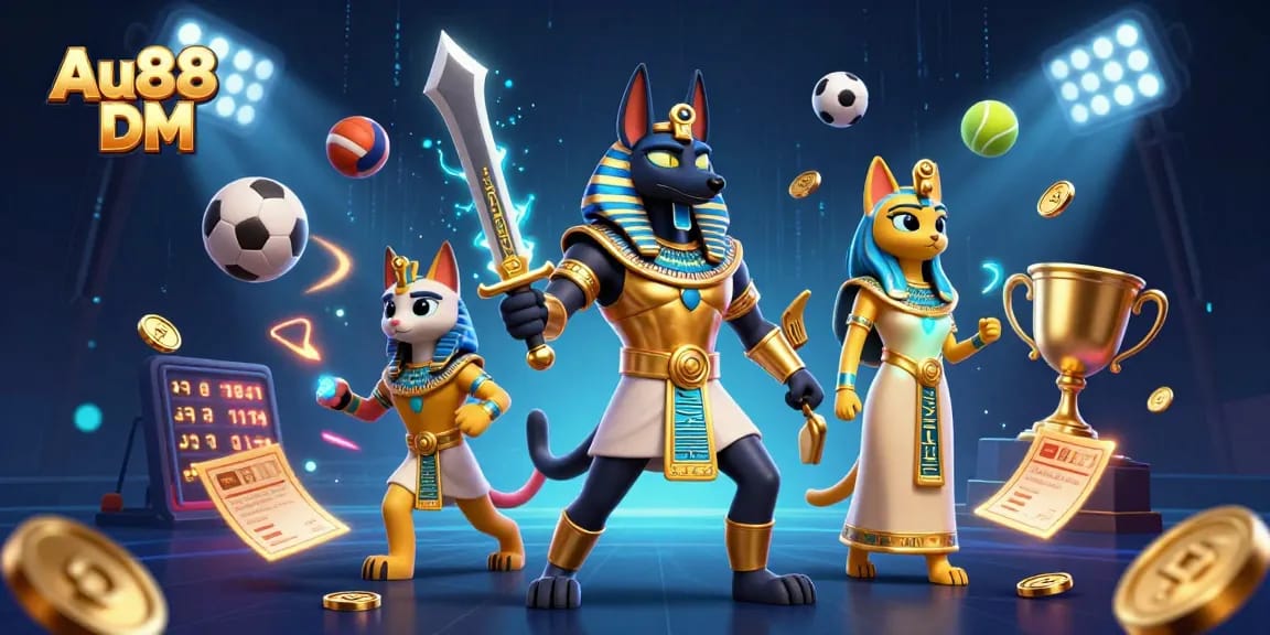 Bet on Au88 DM with a dynamic 3D illustration of Anubis and sports elements.