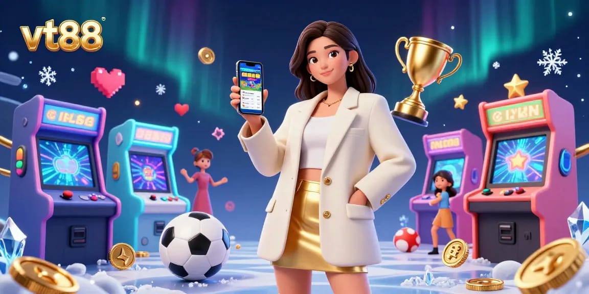 Engage with vt88's dynamic sports betting scene featuring a friendly Asian woman with a smartphone.