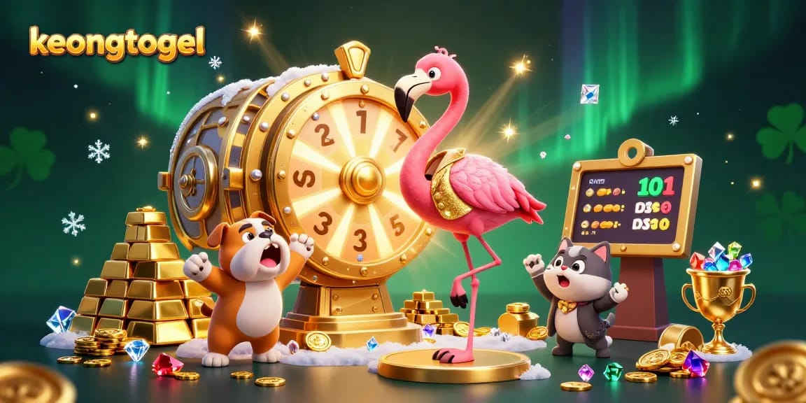 Winning with keongtogel at the exciting prize wheel surrounded by treasure and jewels.