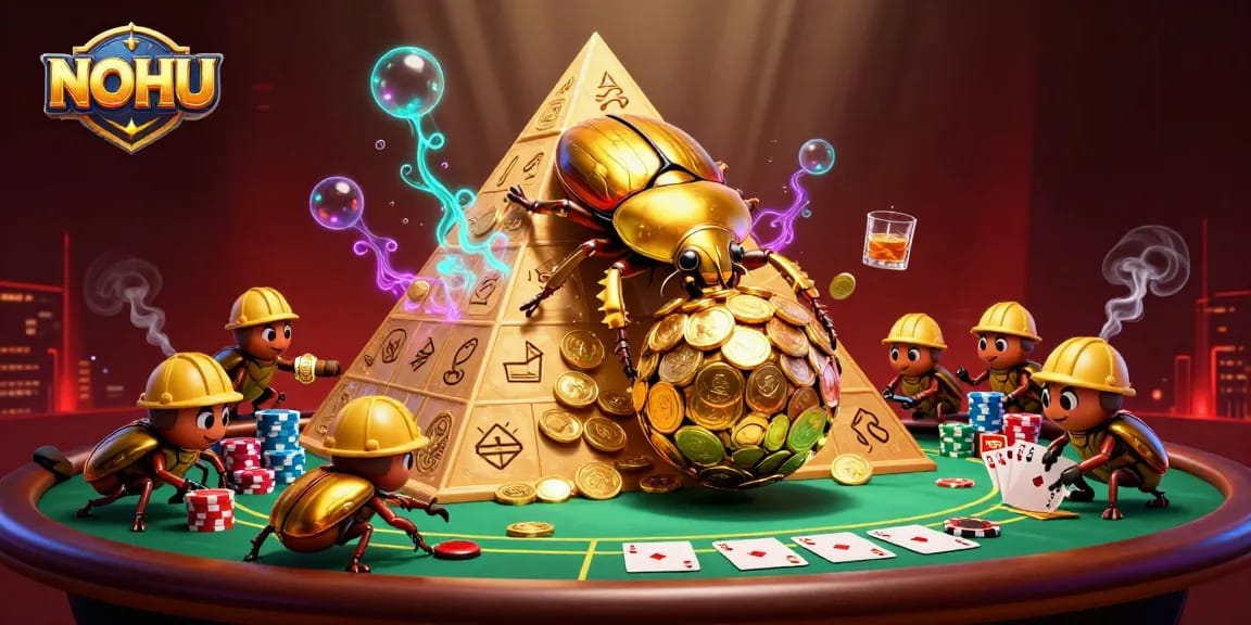 Experience NOHU's vibrant casino scene with golden beetles, poker chips, and a stunning skyline.