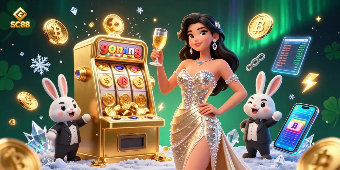 Experience the excitement of SC88's casino atmosphere with a stunning woman, golden slot machine, and vibrant crypto elements.