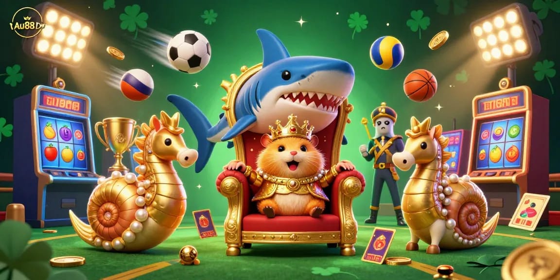 Enjoy thrilling bets with Au88 DM as you navigate a vibrant casino scene featuring a hamster king.