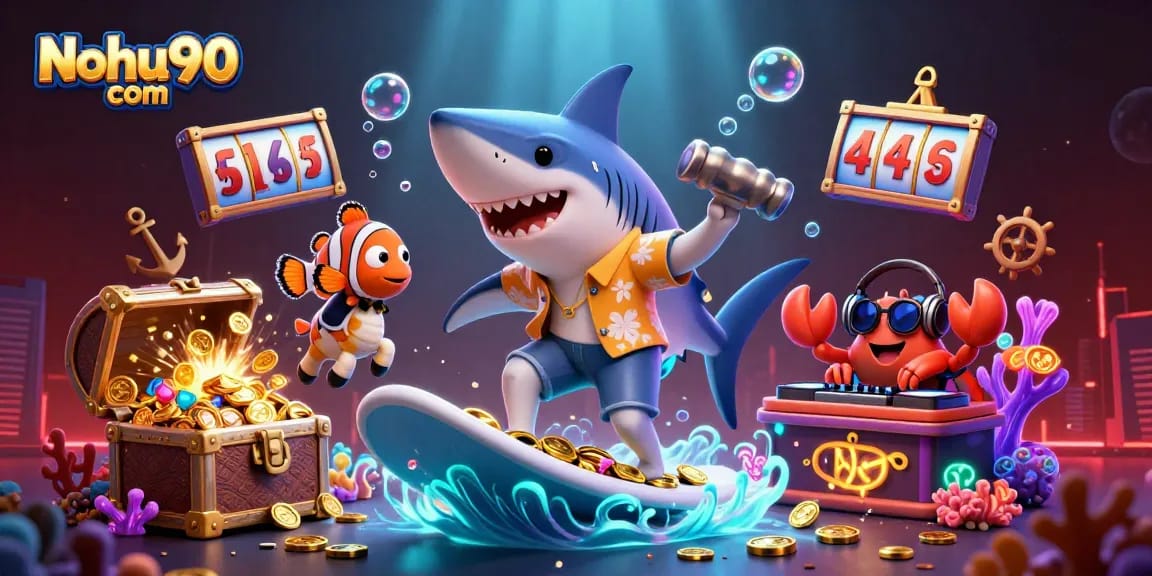 Nohu90 com showcases an exciting 3D illustration of a shark surfing on gold coins, symbolizing jackpot wins.