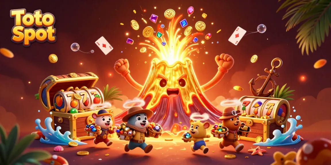 Engage in exciting Toto Slot gameplay with dynamic elements like golden volcanoes and treasure bursts.