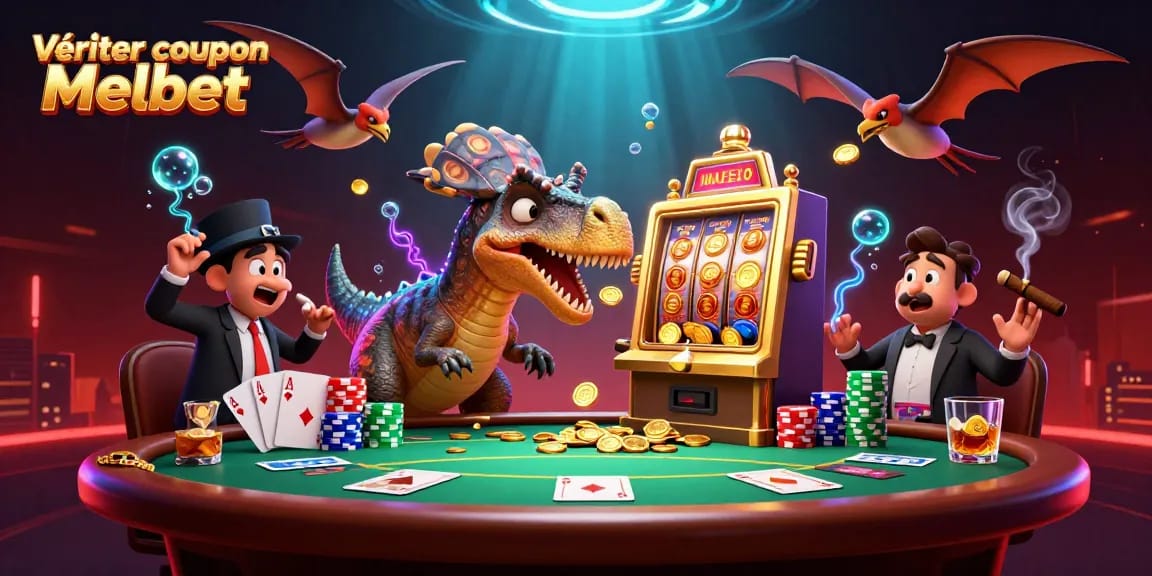 Vérifier coupon Melbet avec un dinosaure pachycephalosaurus gagnant des pièces d'or dans un casino animé.