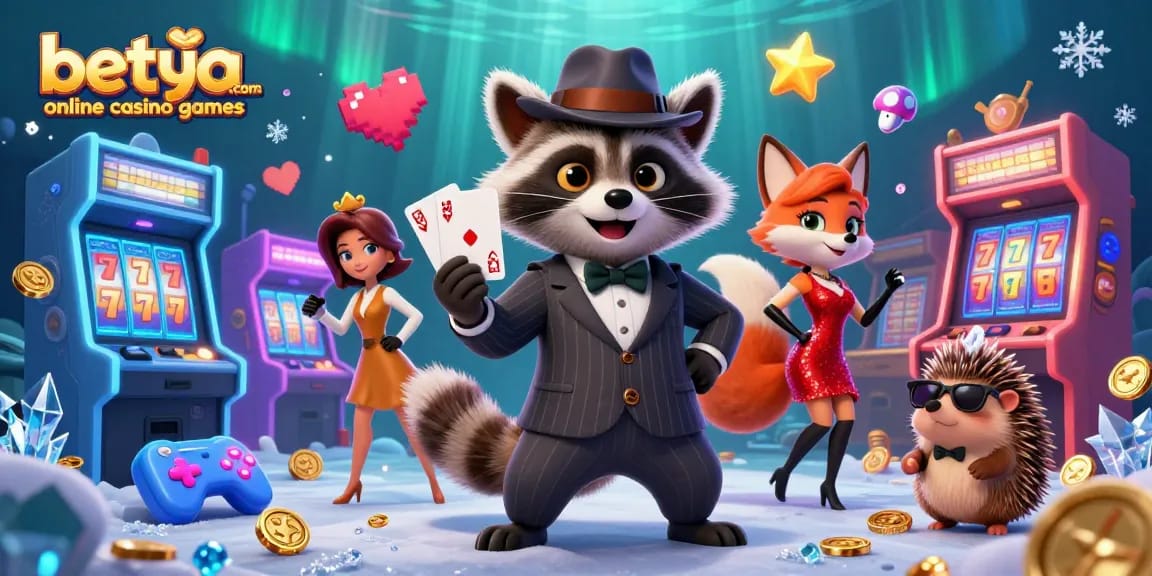 Play thrilling betya.com online casino games with a raccoon and fox in a vibrant casino scene.