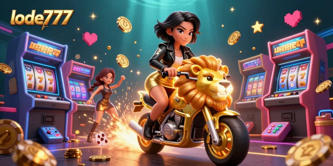 Experience thrilling adventures at lode777 with a glamorous woman riding a golden lion mascot amid casino excitement.