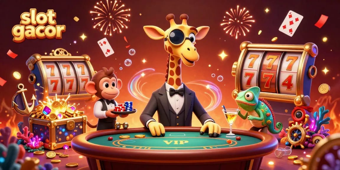 Engage with slot gacor excitement featuring a high-roller giraffe at a VIP casino table.