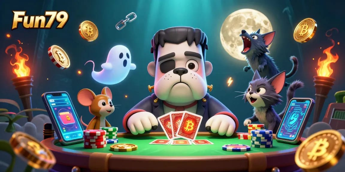 Engage with Fun79's thrilling gaming experience at a captivating casino table with animated characters