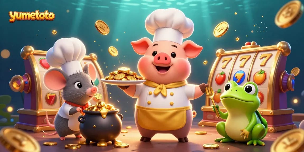 Experience yumetoto's vibrant slot games with gold coins and dynamic characters in a rich casino scene.