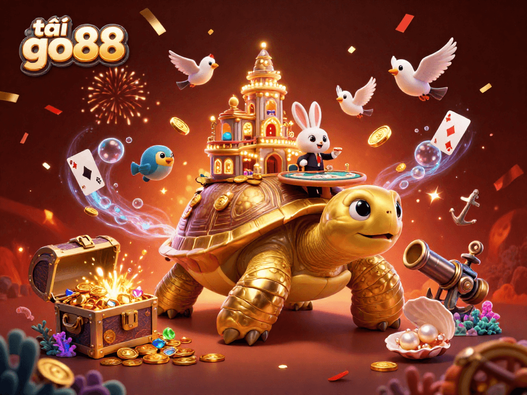 Engage in winning strategies with tải go88 at a magical casino scene animated with gold coins and vibrant characters.