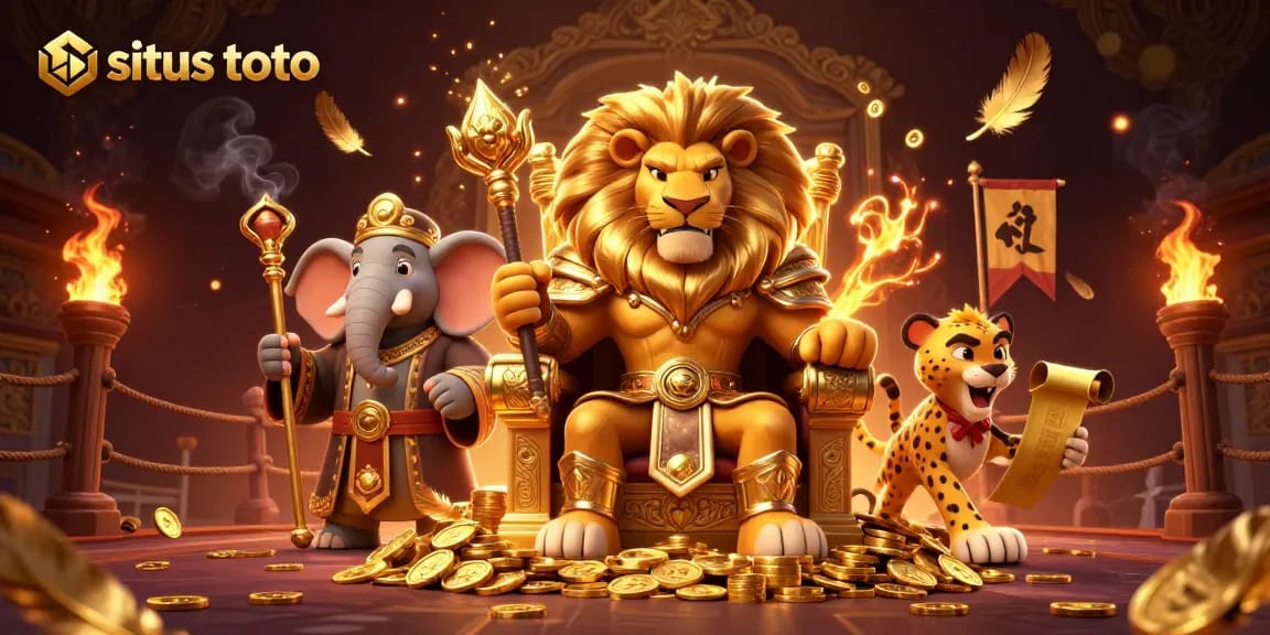 Situs toto showcases an engaging scene featuring a lion king and an elephant advisor amid a gold coin throne.