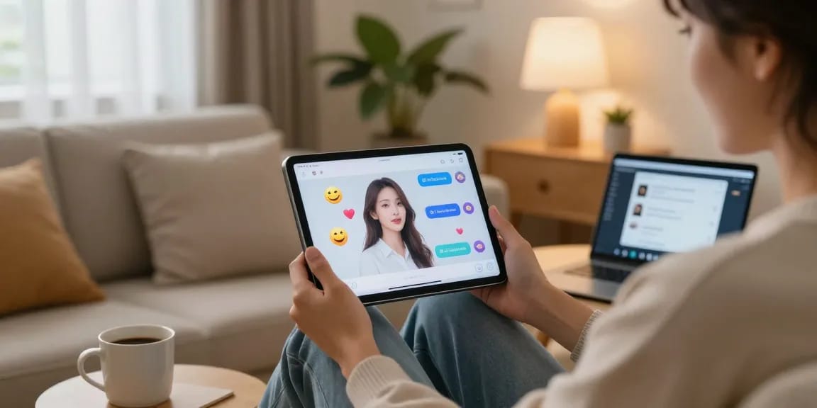 Engaging chat with an AI gf in a cozy living room setting.