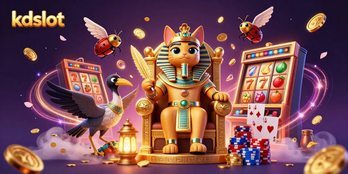 Engage with high-stakes excitement at kdslot, showcasing a vibrant scene of winning slot reels and animated characters.