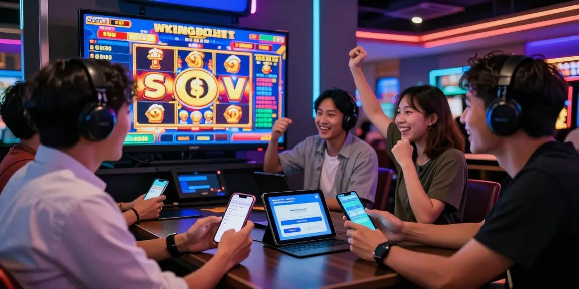 Excited players celebrating big wins with deposit tanpa minimal options at vibrant slot site.