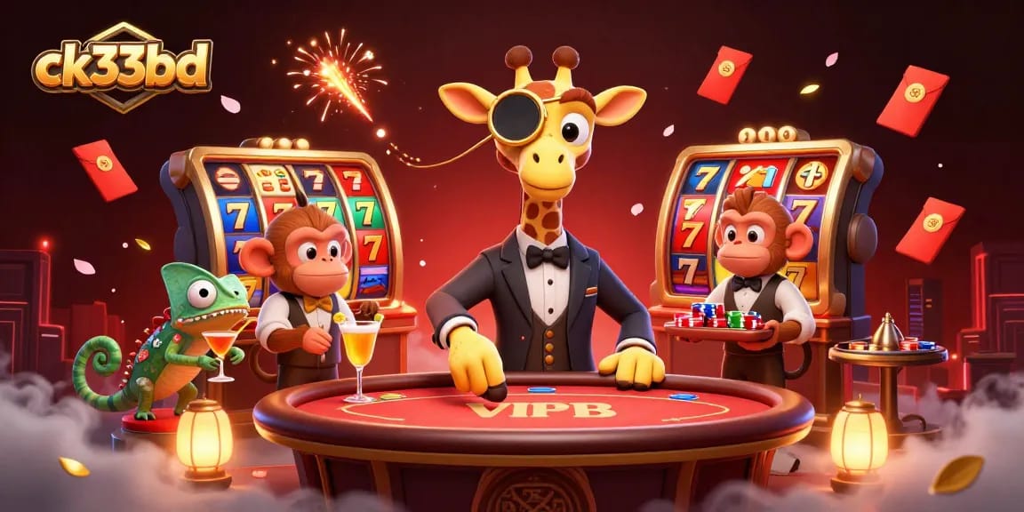 Experience thrilling gaming with ck33bd as a high-roller giraffe enjoys a VIP poker table surrounded by excitement.
