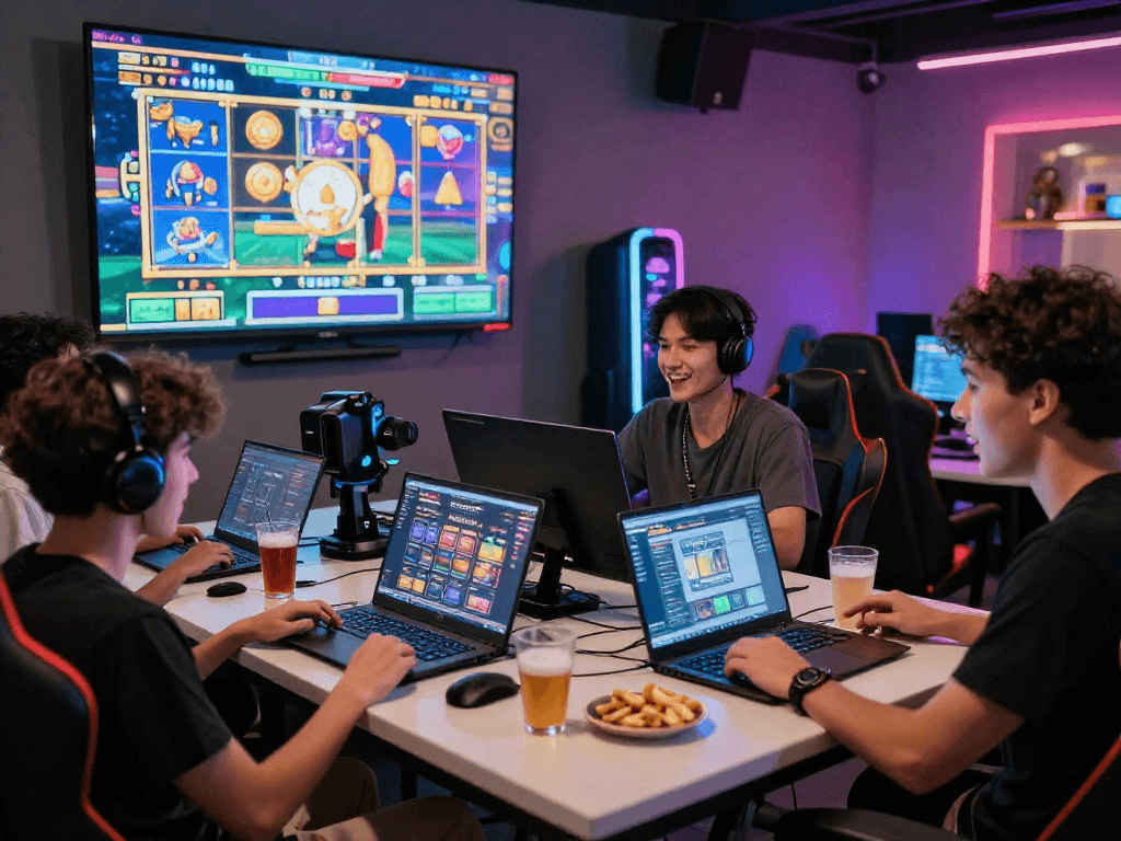 Penggemar tanganemas bersenang-senang di ruang gaming modern, menikmati slot online dengan antusias.
