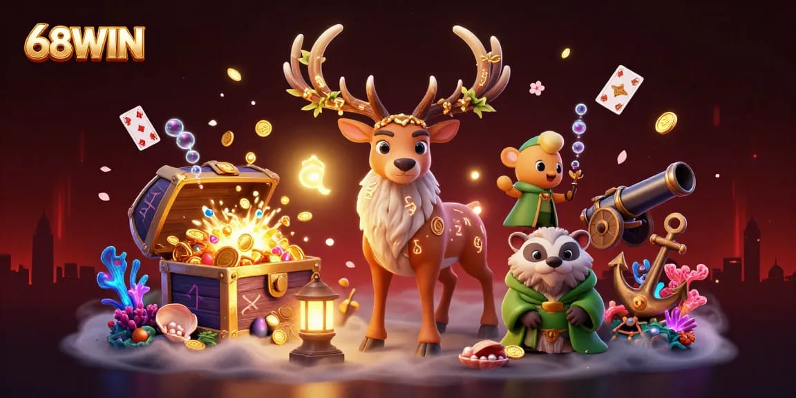 Engage in thrilling gameplay with 68WIN, featuring dynamic characters and treasure-filled scenes.